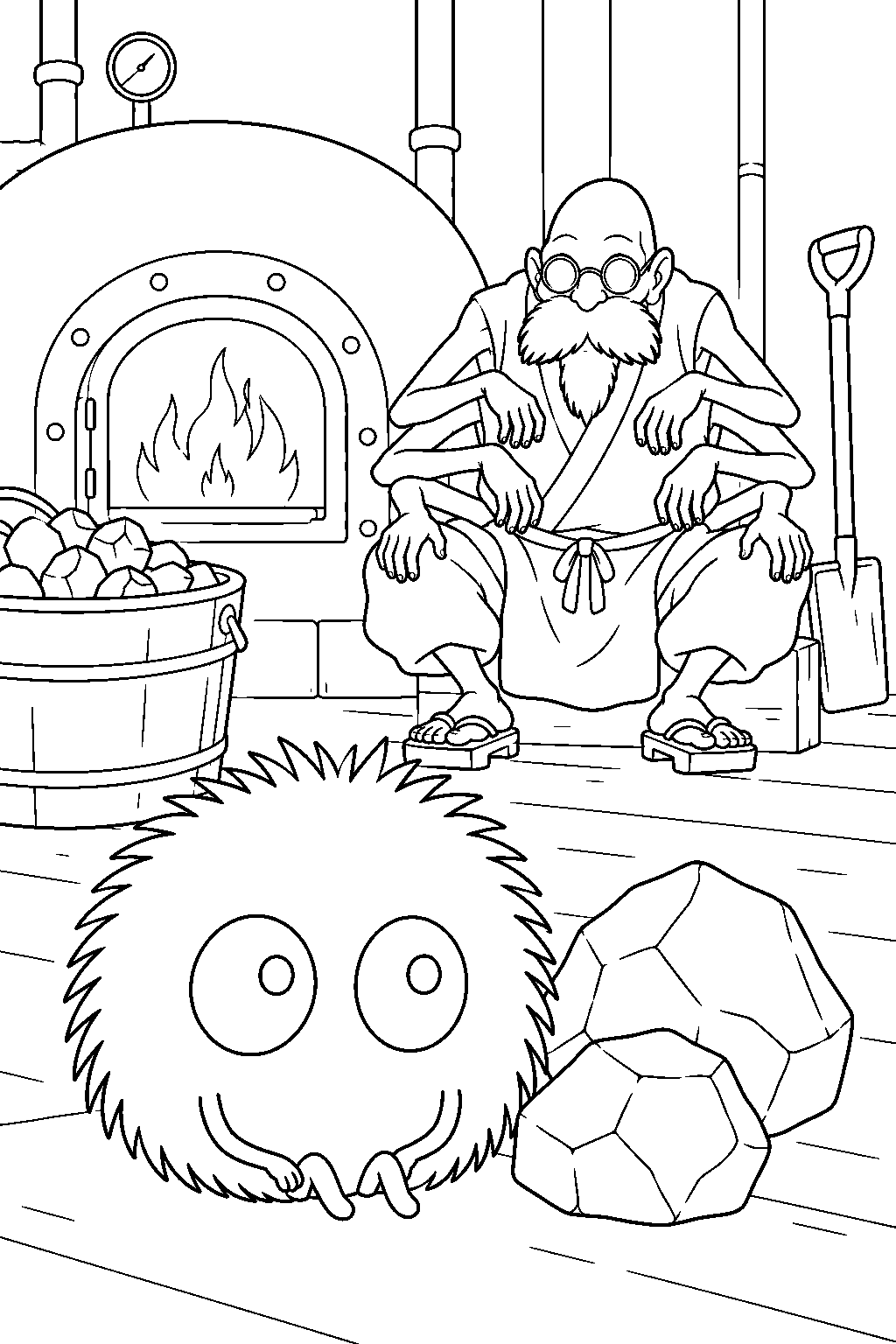 soot sprite resting with kamaji beside the coal pile line art