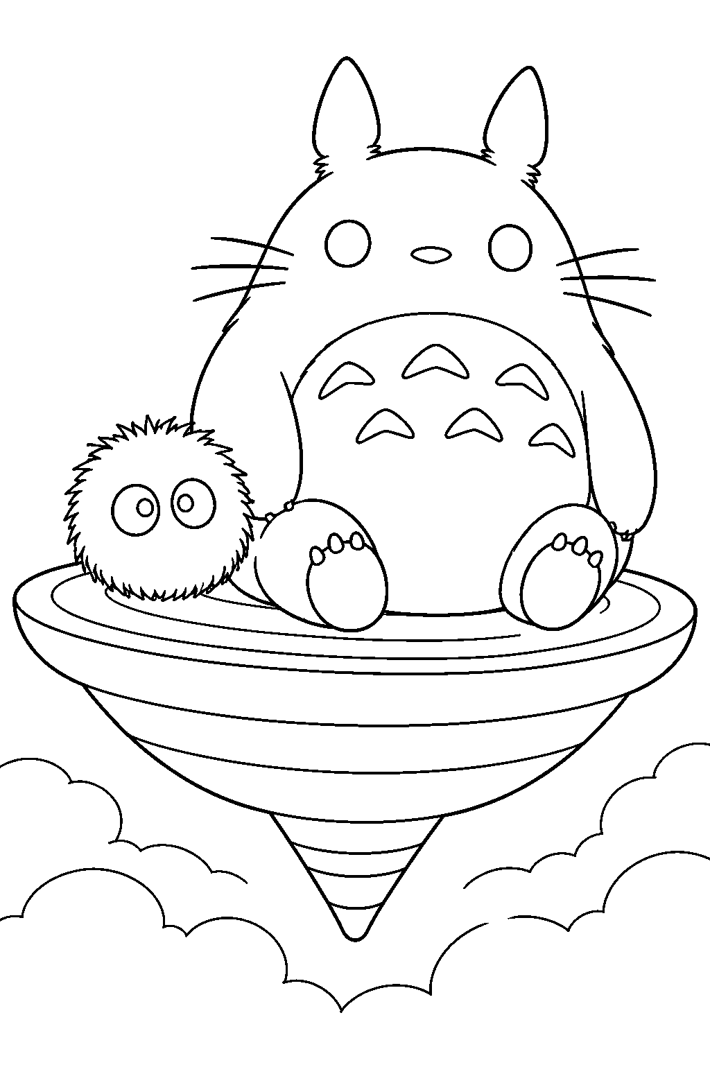 soot sprite riding beside totoro on his flying spinning top line art