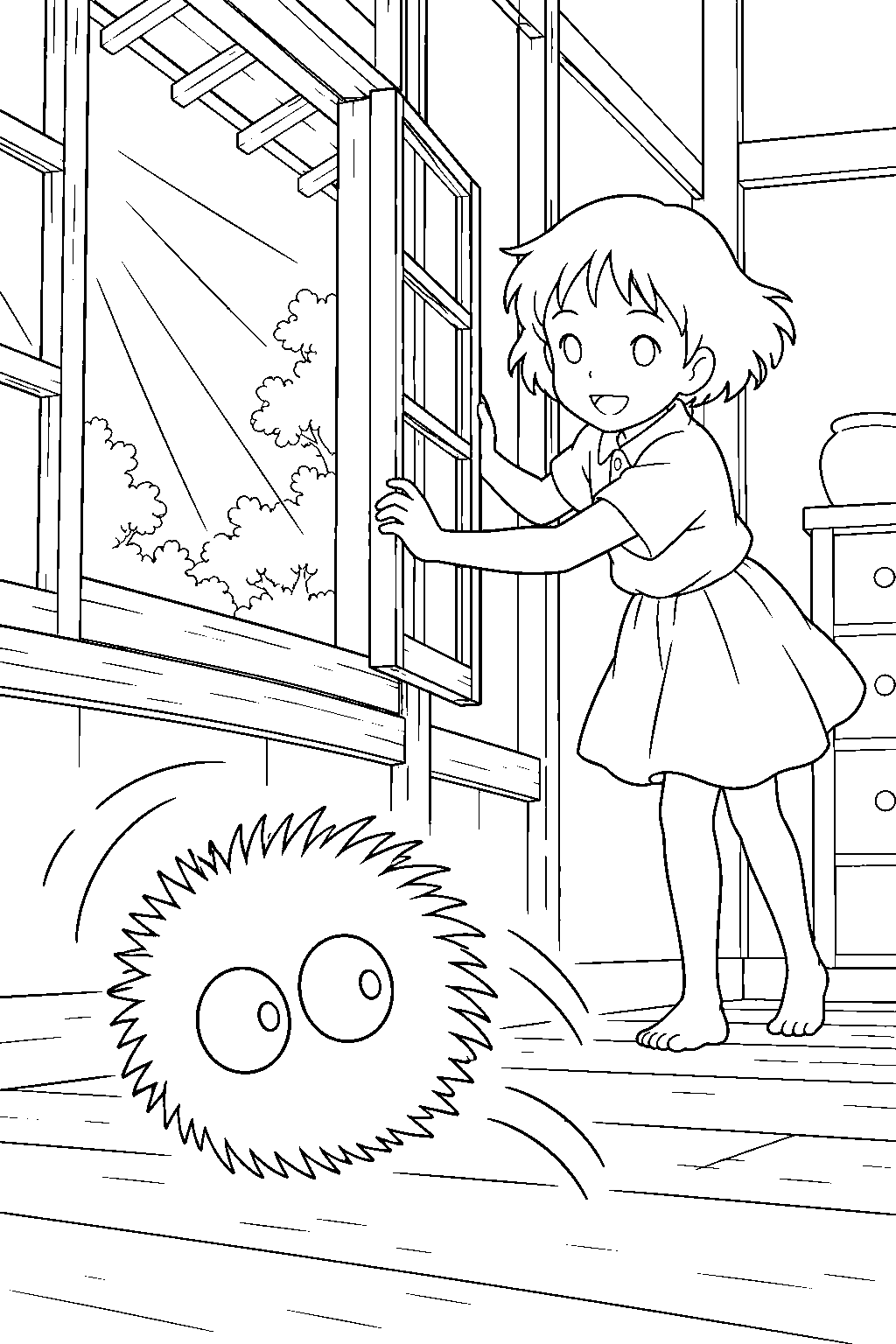soot sprite scurrying from sunlight as satsuki opens the farmhouse window line art