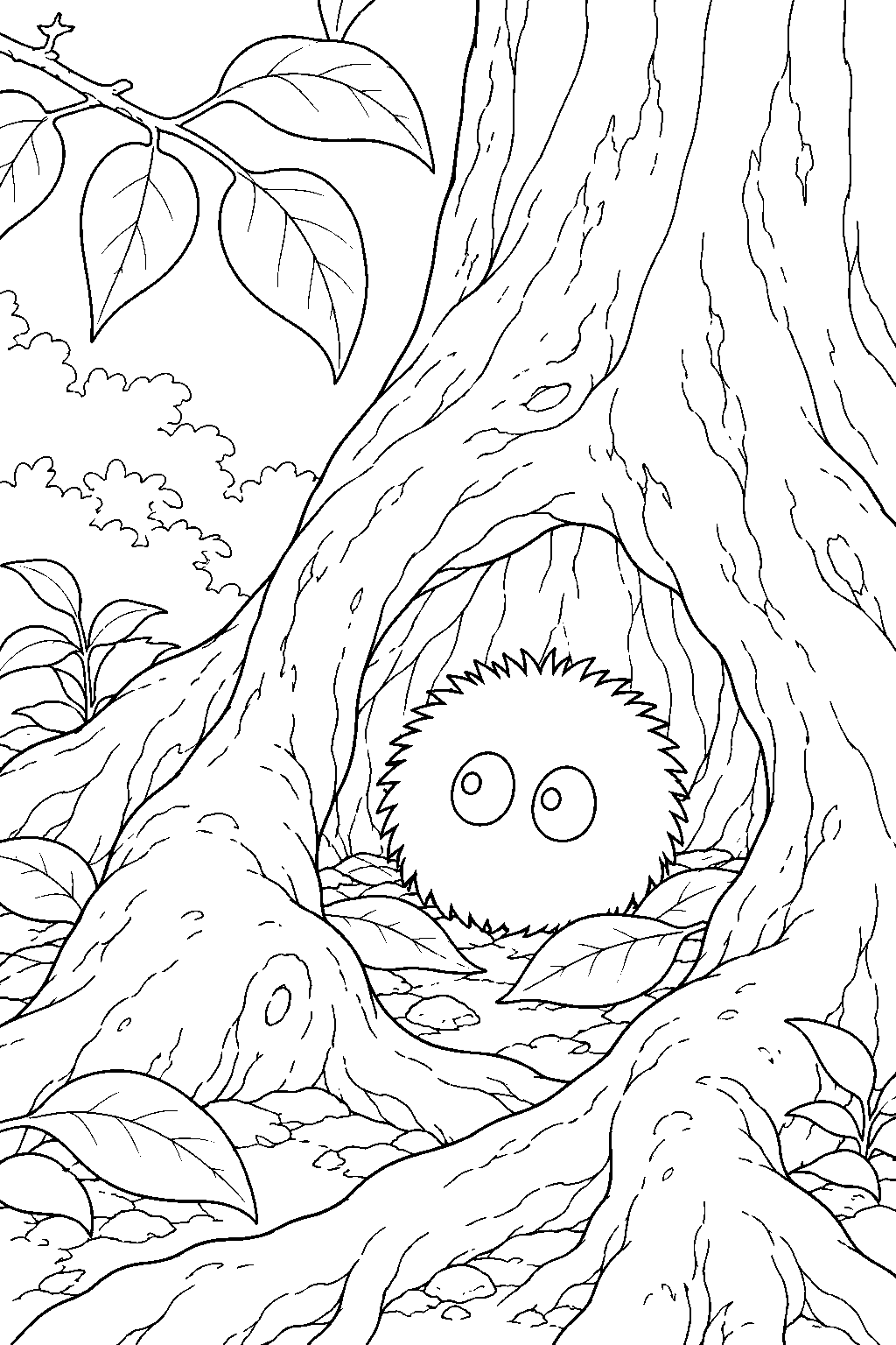 soot sprite settling into a hollow beneath the camphor tree line art