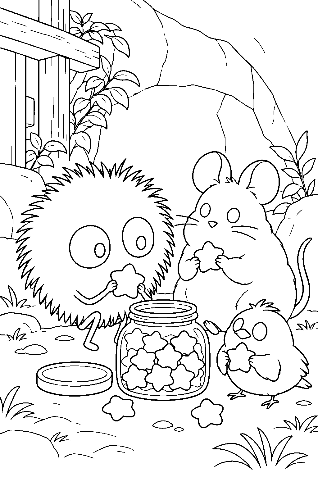 soot sprite sharing its candy break with boh and the tiny bird line art