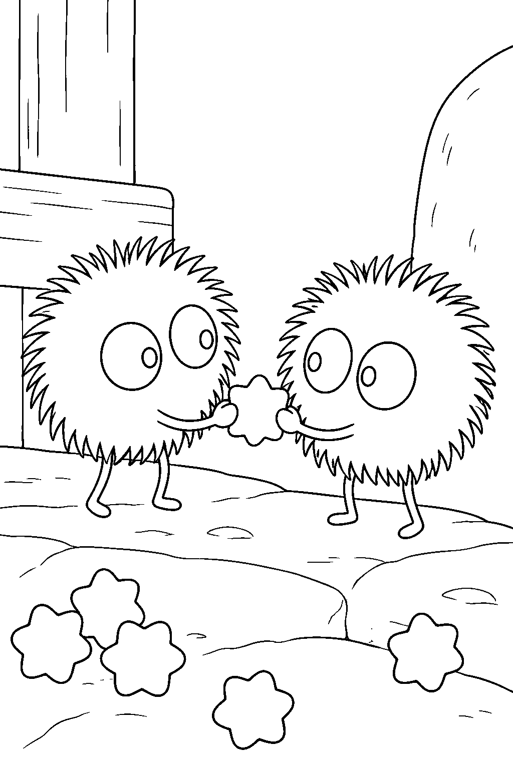 soot sprite sharing konpeito candy with a friend line art