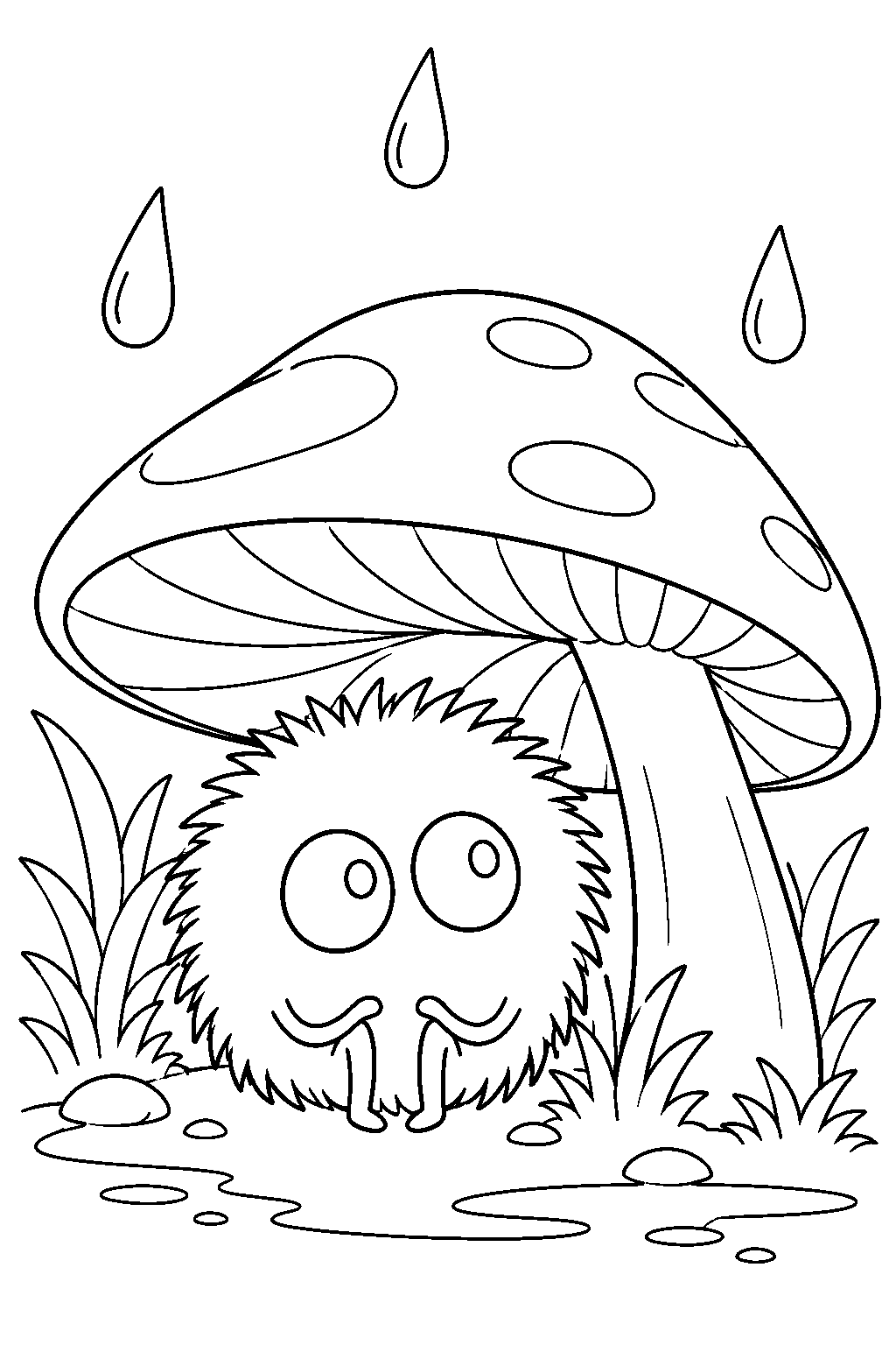 soot sprite sheltering beneath a mushroom cap during a forest shower line art