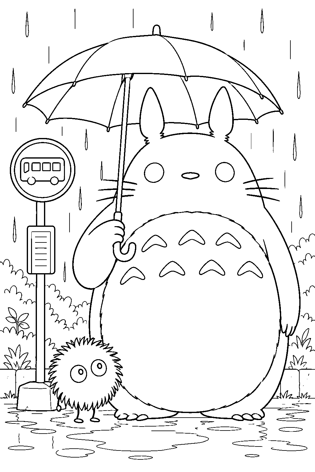 soot sprite sheltering under totoro s umbrella at the rainy bus stop line art