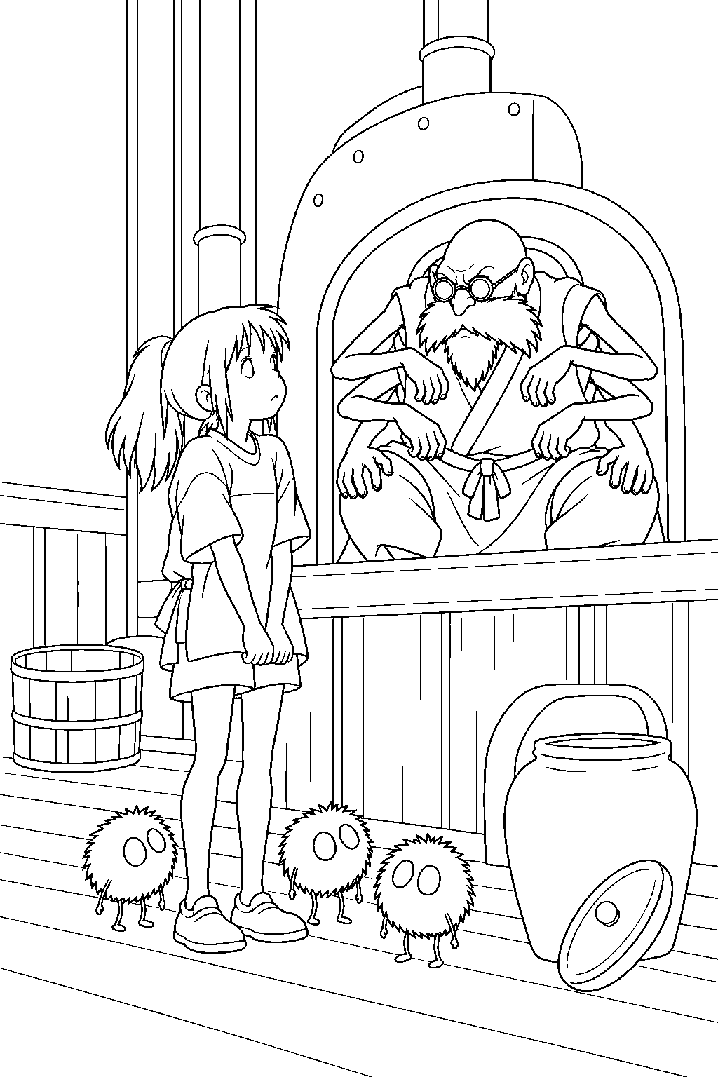 soot sprite standing with its friends around chihiro when kamaji scolds her line art