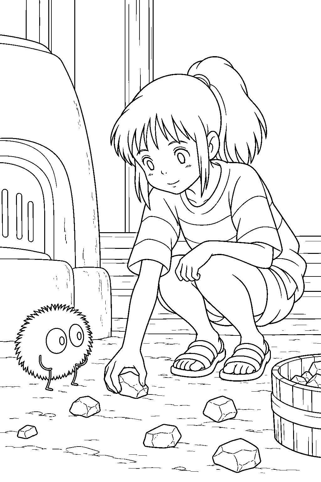 soot sprite waiting as chihiro lifts a fallen coal lump line art
