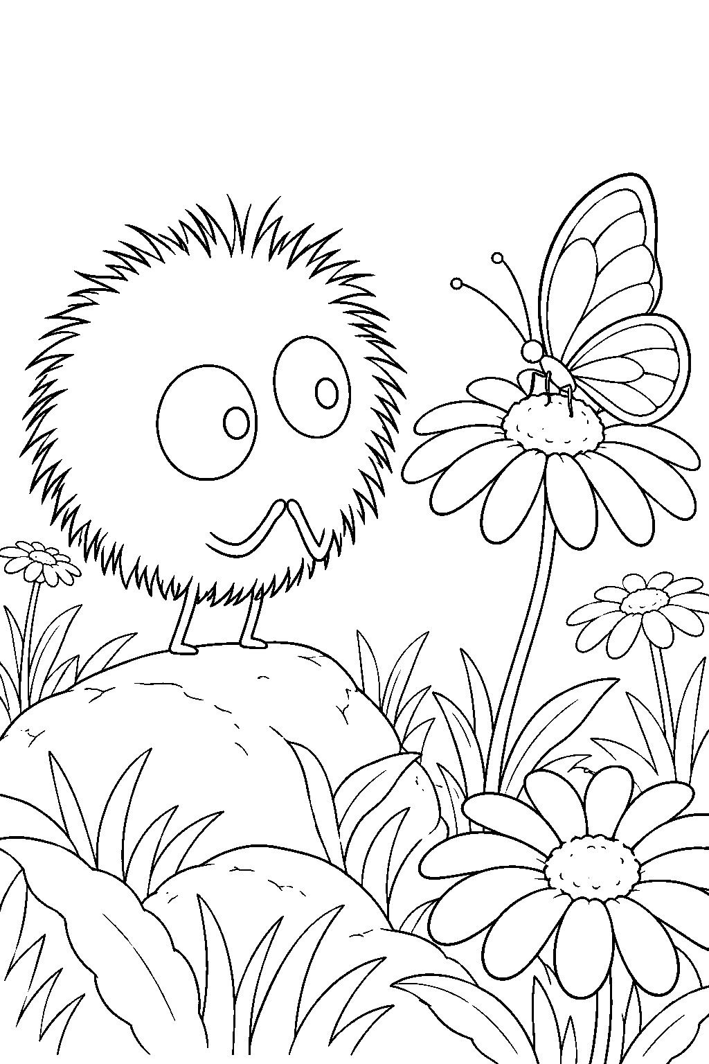 soot sprite watching a butterfly land on a daisy line art