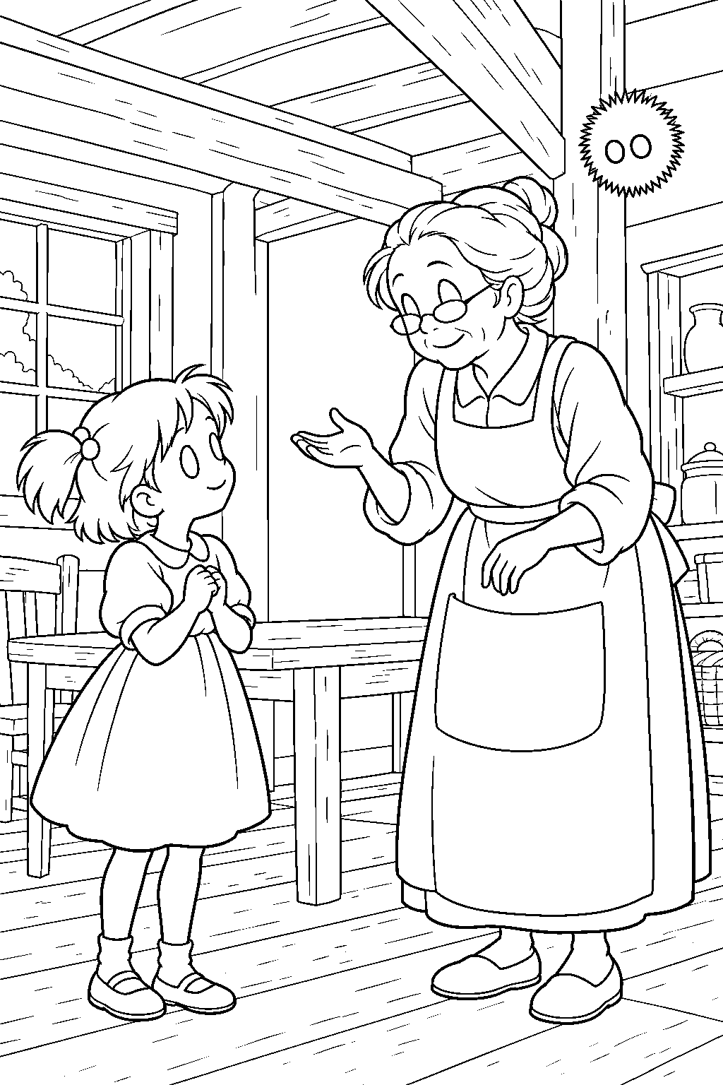 soot sprite watching granny explain the farmhouse s dust spirits to mei line art