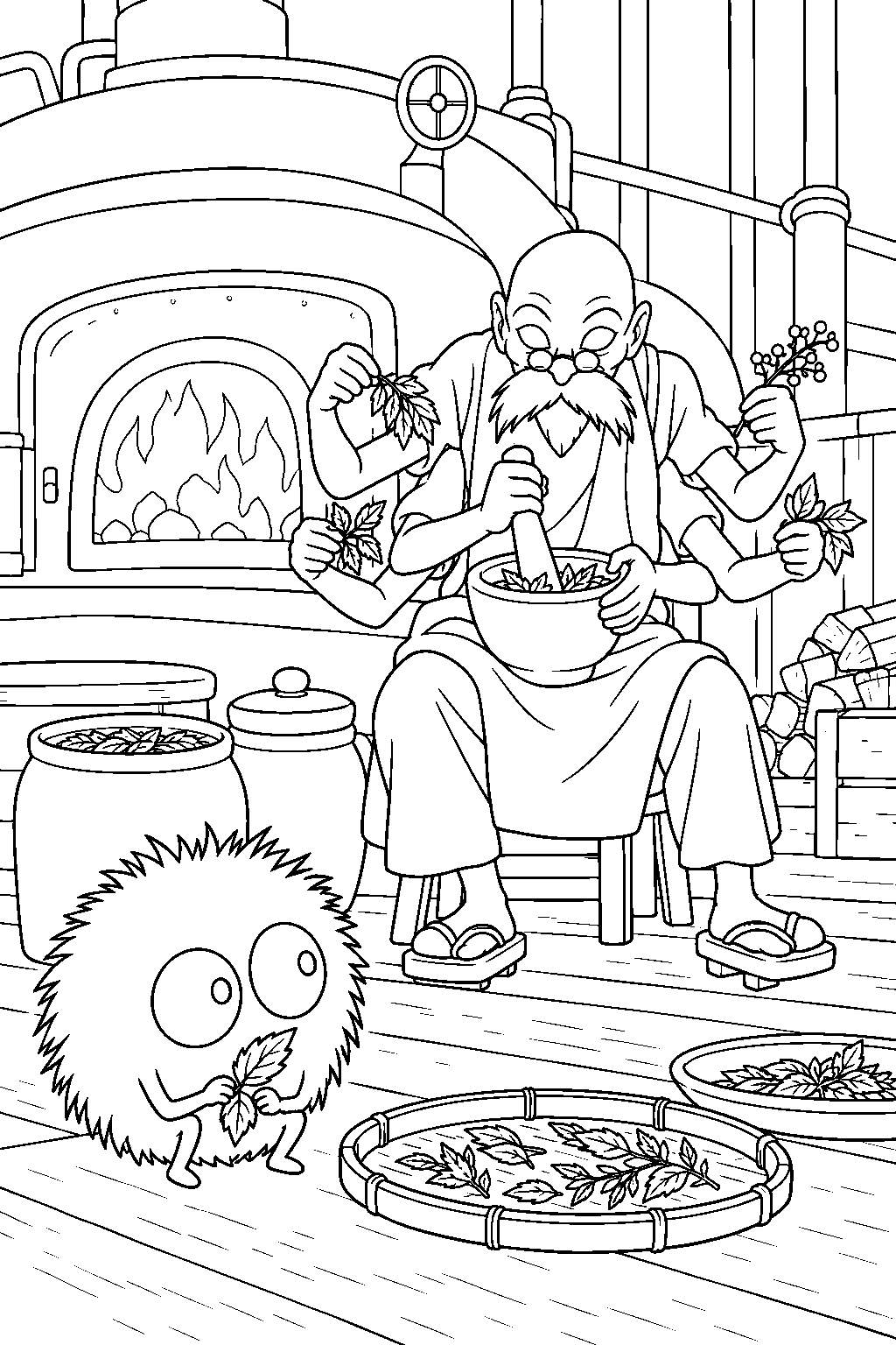 soot sprite watching kamaji grind herbs beside the furnace line art