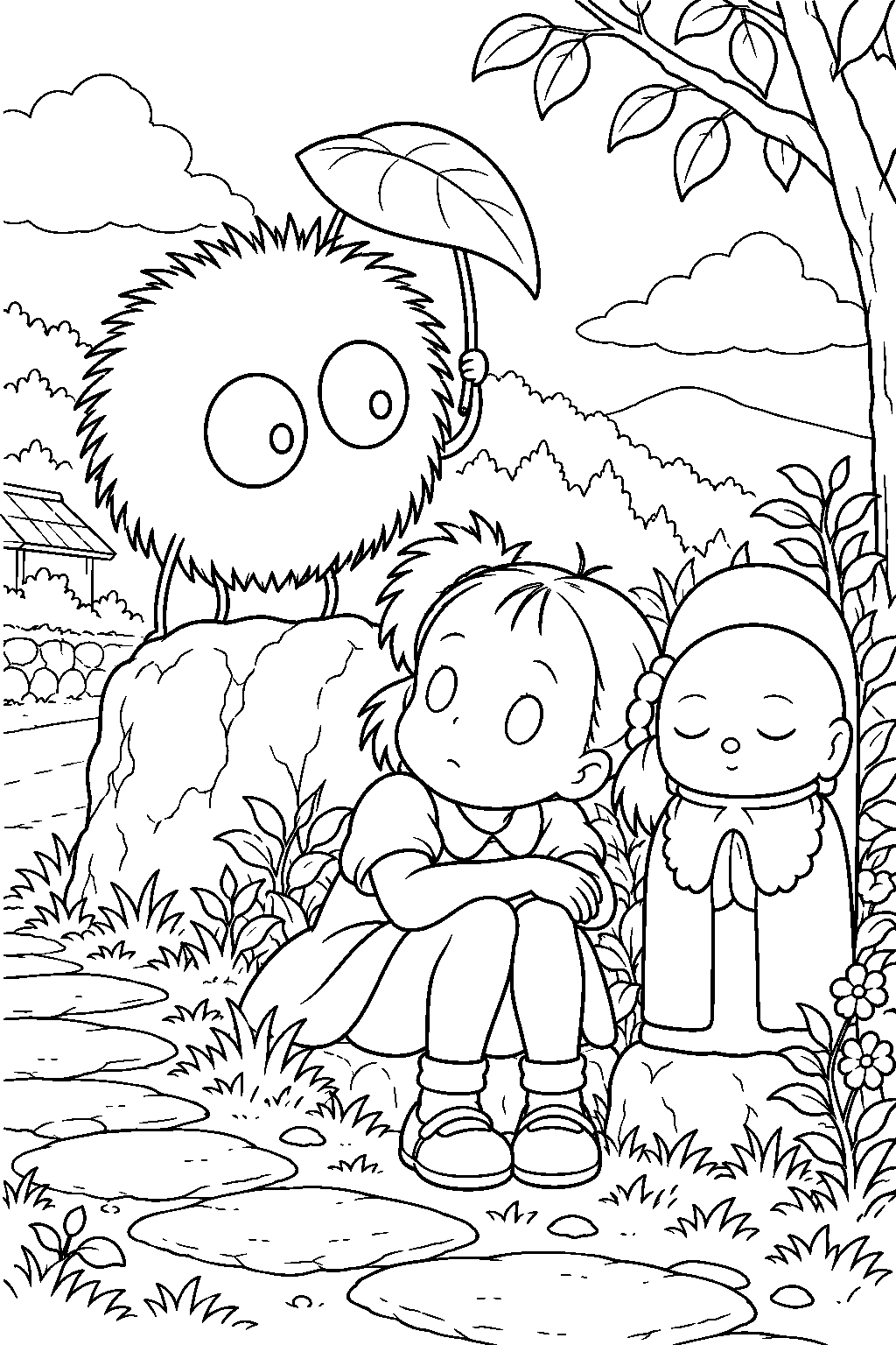 soot sprite watching over lost mei beside a roadside jizo statue line art