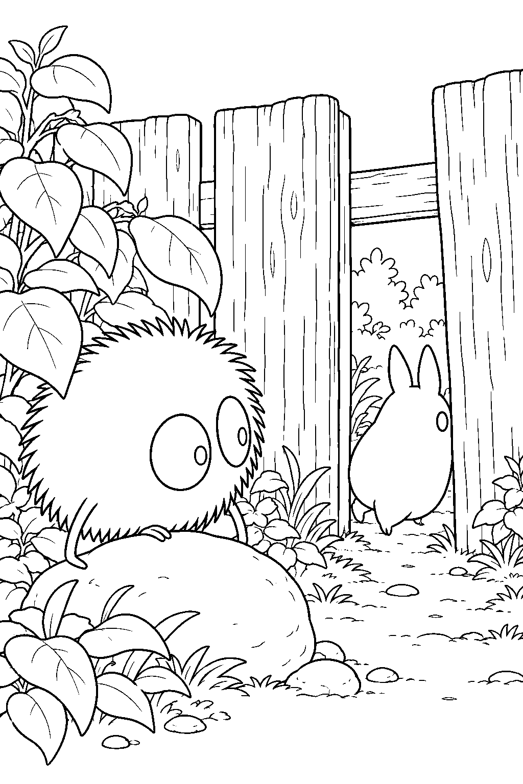 soot sprite watching small totoro slip through a gap in the garden fence line art