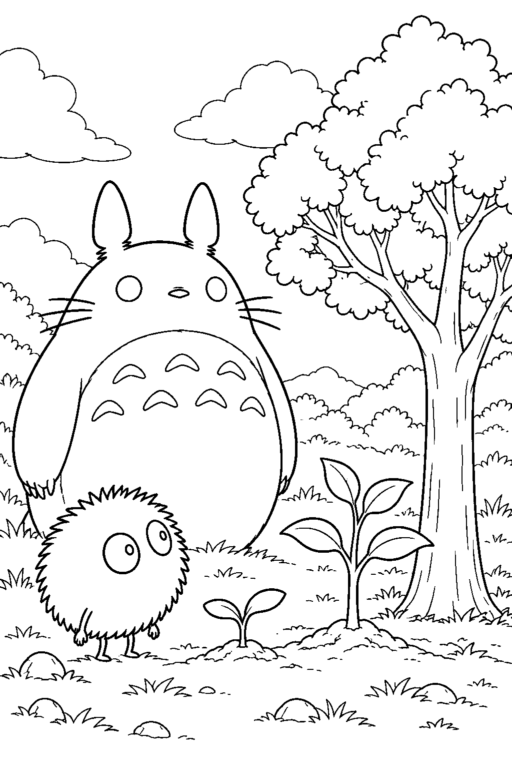 soot sprite watching totoro s seedlings grow into a giant tree line art