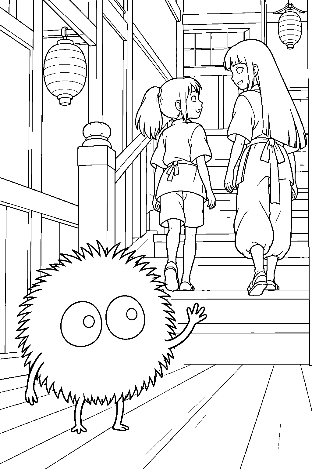 soot sprite waving goodbye as chihiro follows lin upstairs line art