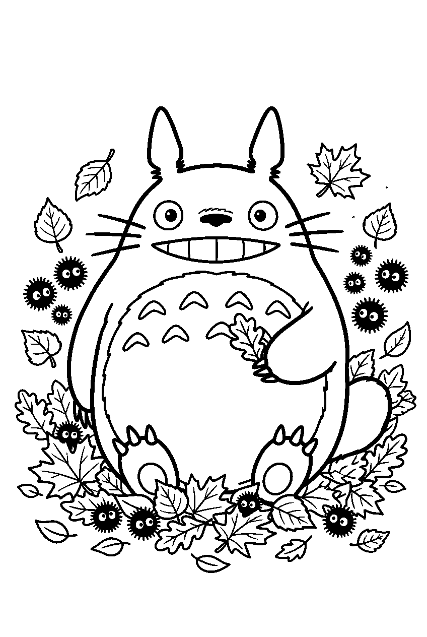 totoro soot sprites among autumn leaves line art