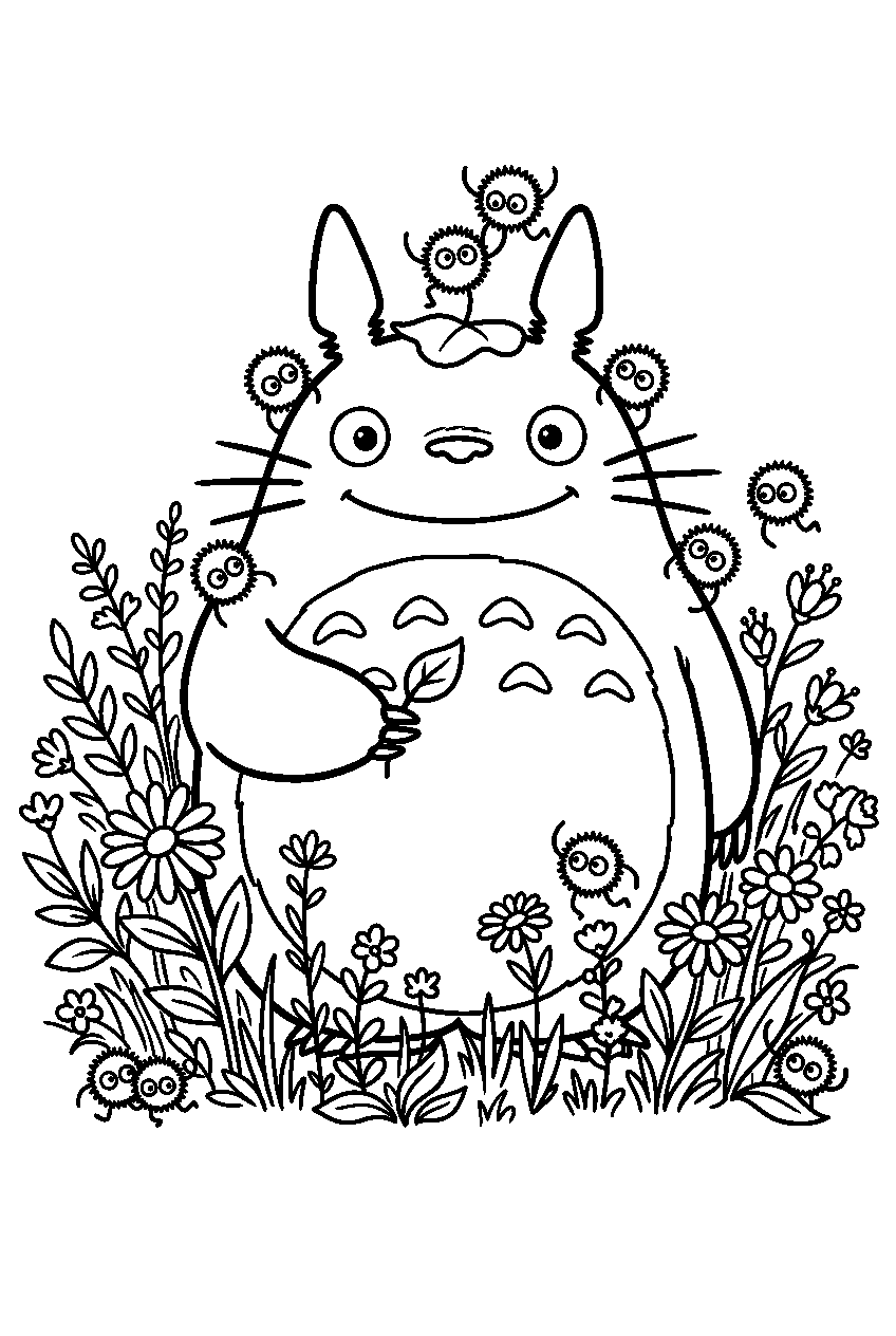 totoro soot sprites among wildflowers line art