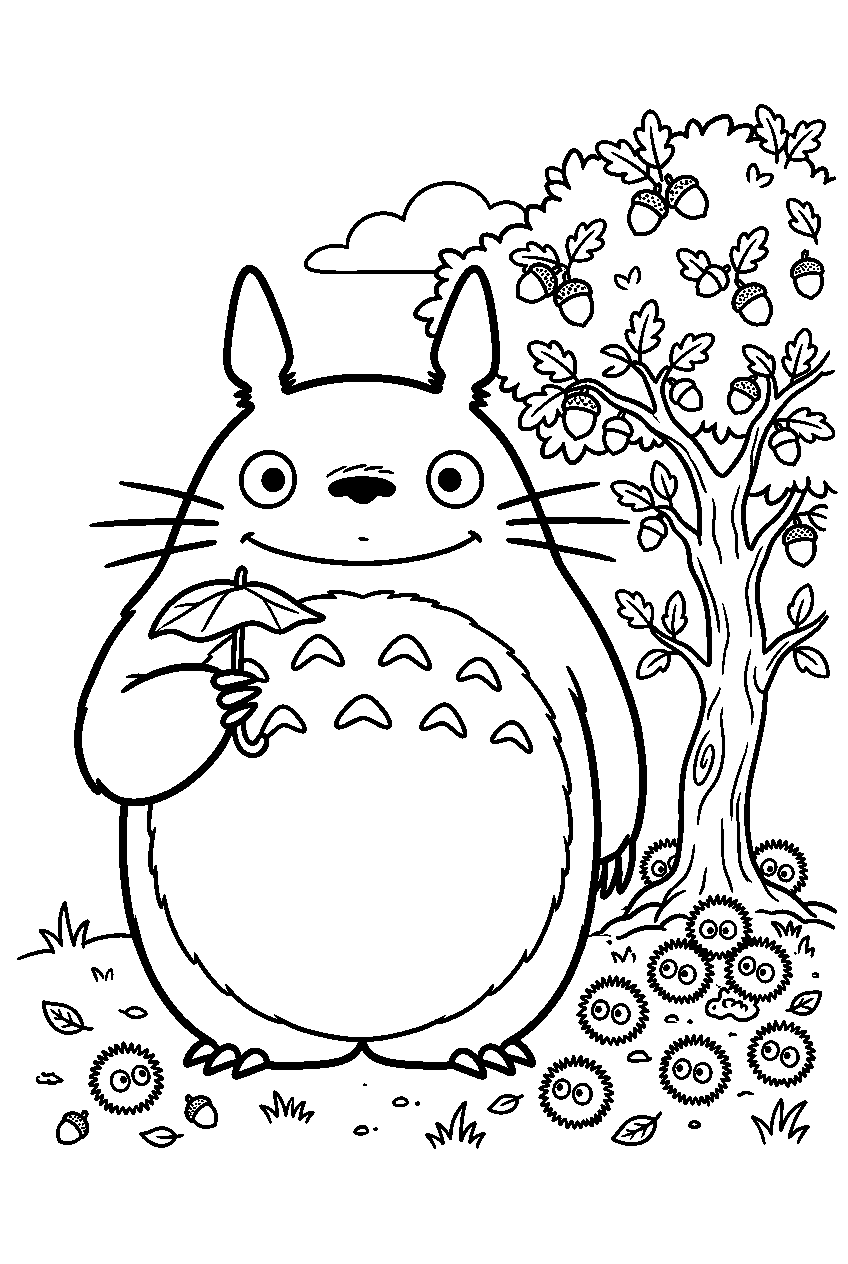 totoro soot sprites beside acorn tree line art