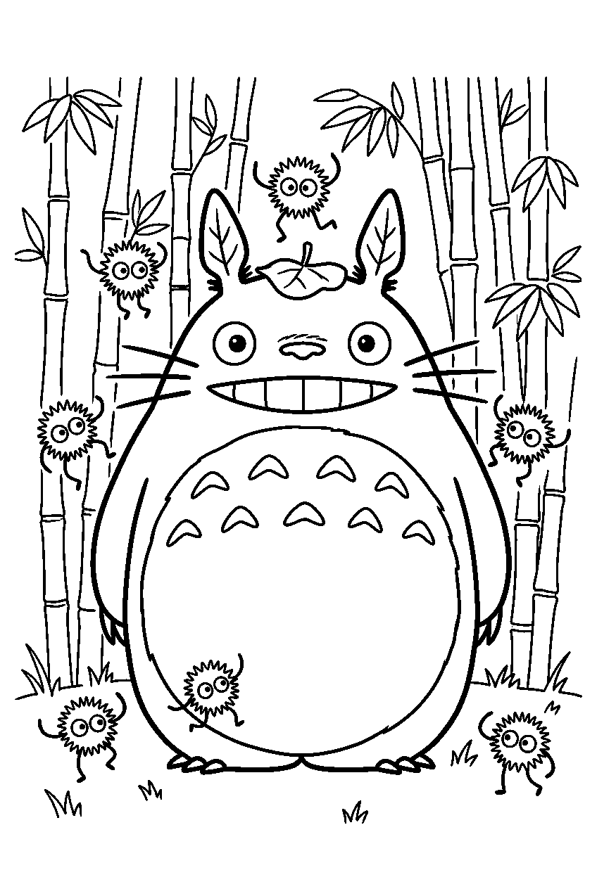 totoro soot sprites in bamboo grove line art