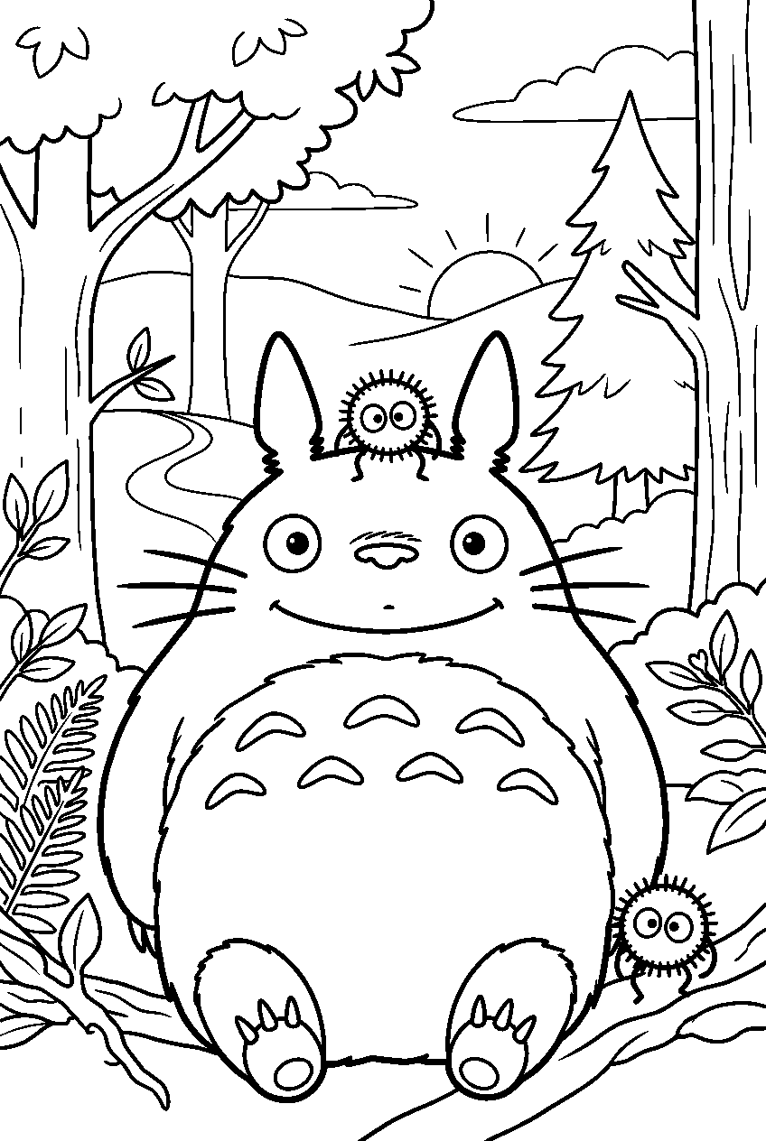 totoro soot sprites in forest at dawn line art