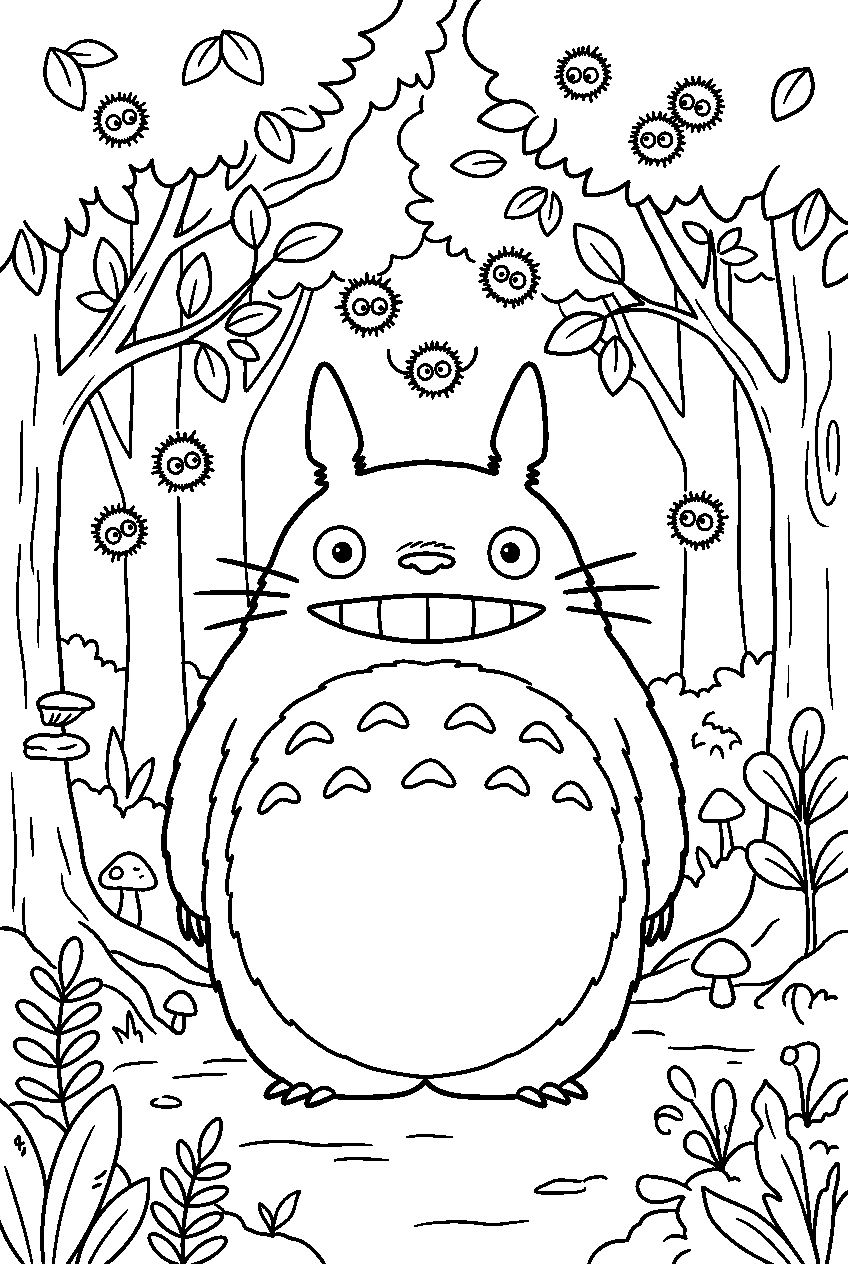 totoro soot sprites in magical forest line art