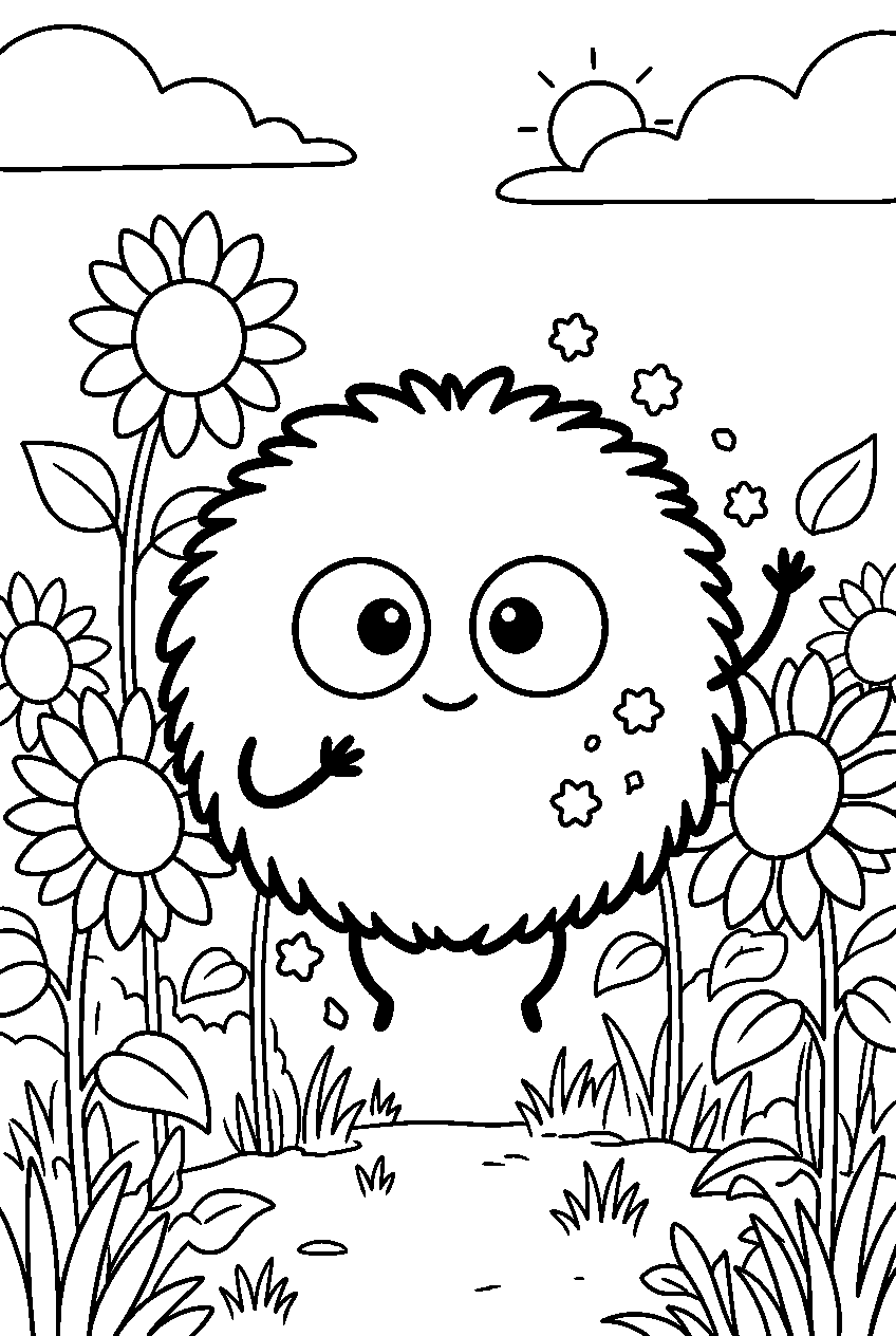 totoro soot sprites in sunflower field line art