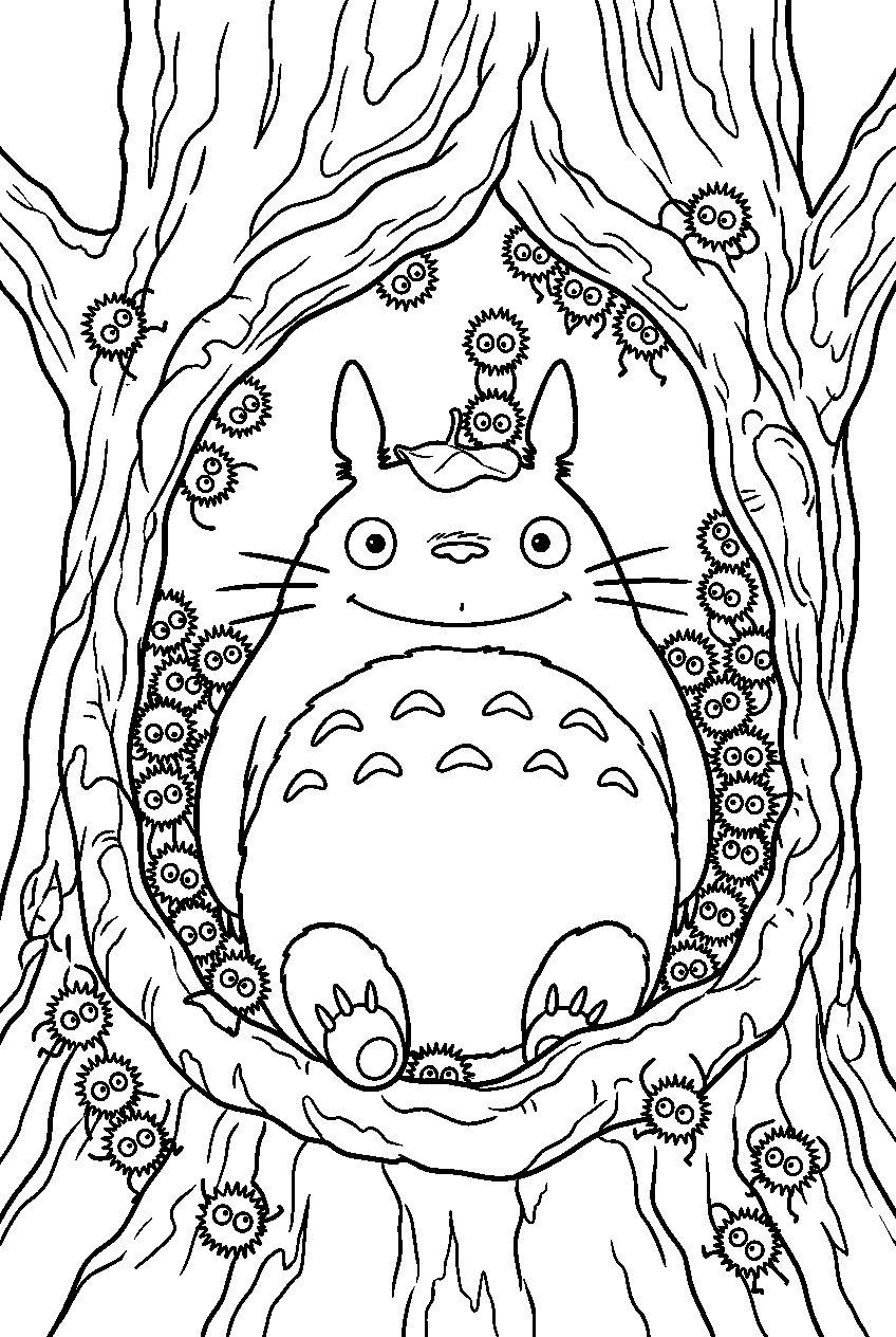totoro soot sprites inside hollow tree line art