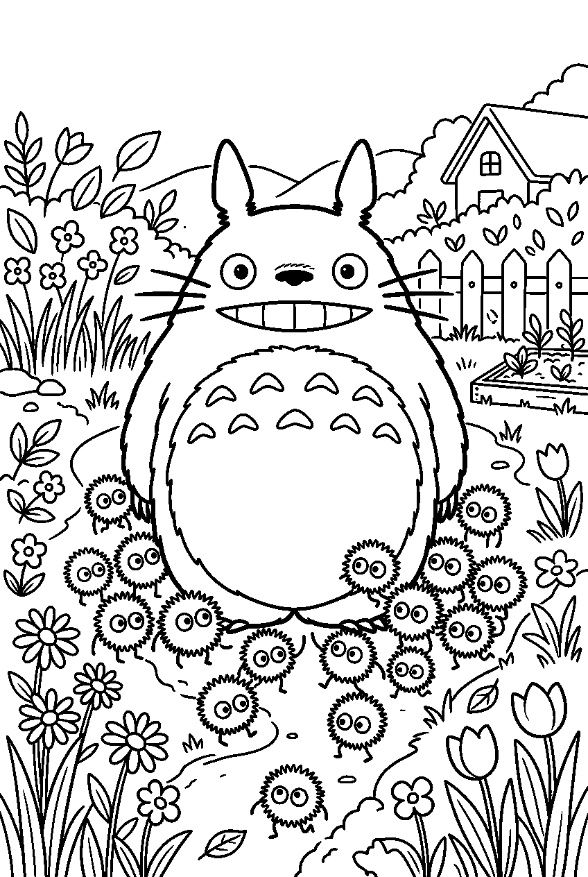 totoro soot sprites near country garden line art