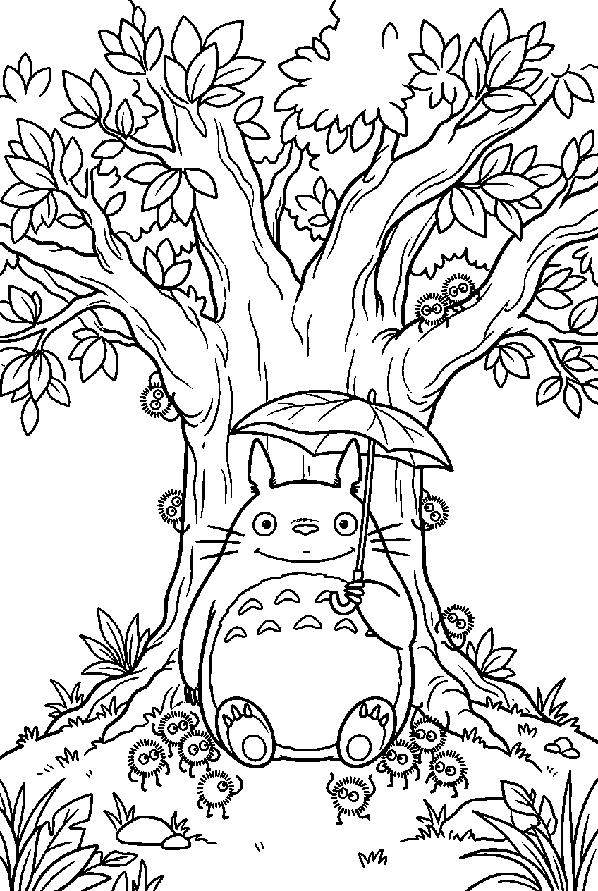 totoro soot sprites under giant camphor tree line art