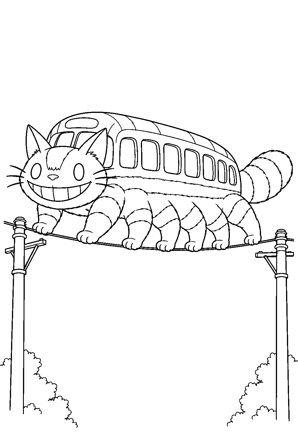 catbus from my neighbor totoro balancing on overhead power lines line art