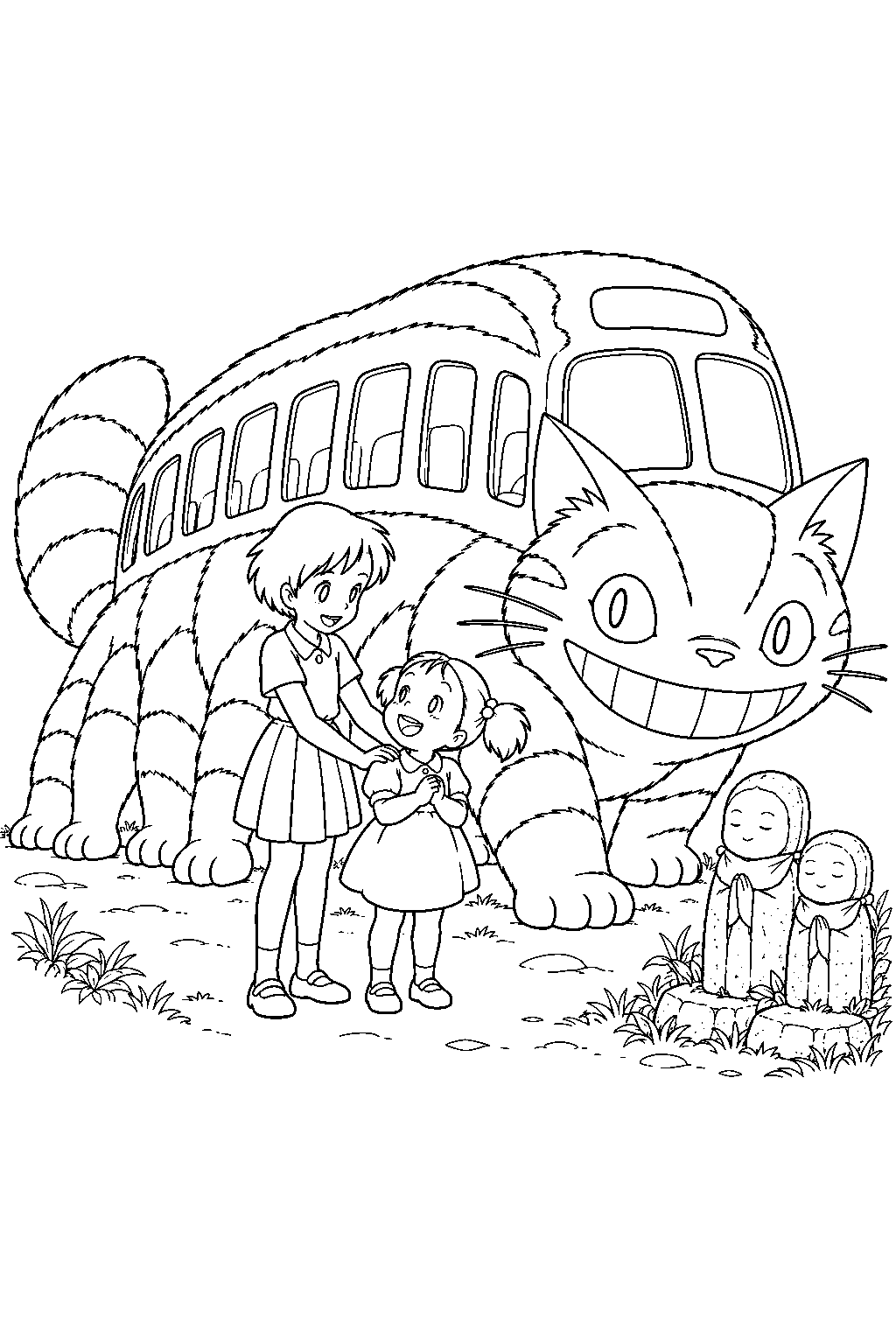 catbus from my neighbor totoro bringing satsuki to mei beside jizo statues line art