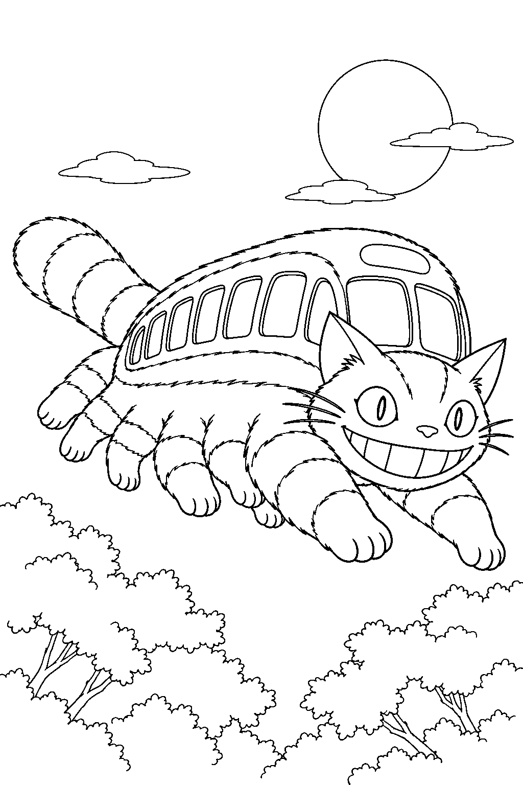 catbus from my neighbor totoro leaping between moonlit treetops line art