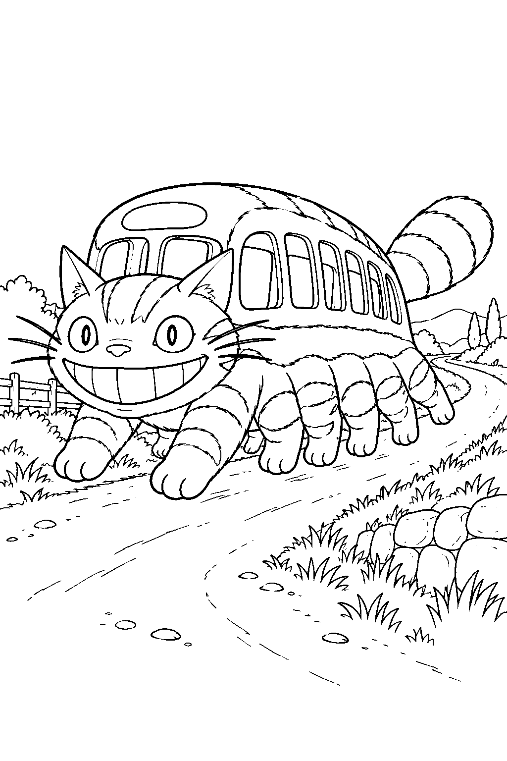 catbus from my neighbor totoro racing down a country road line art