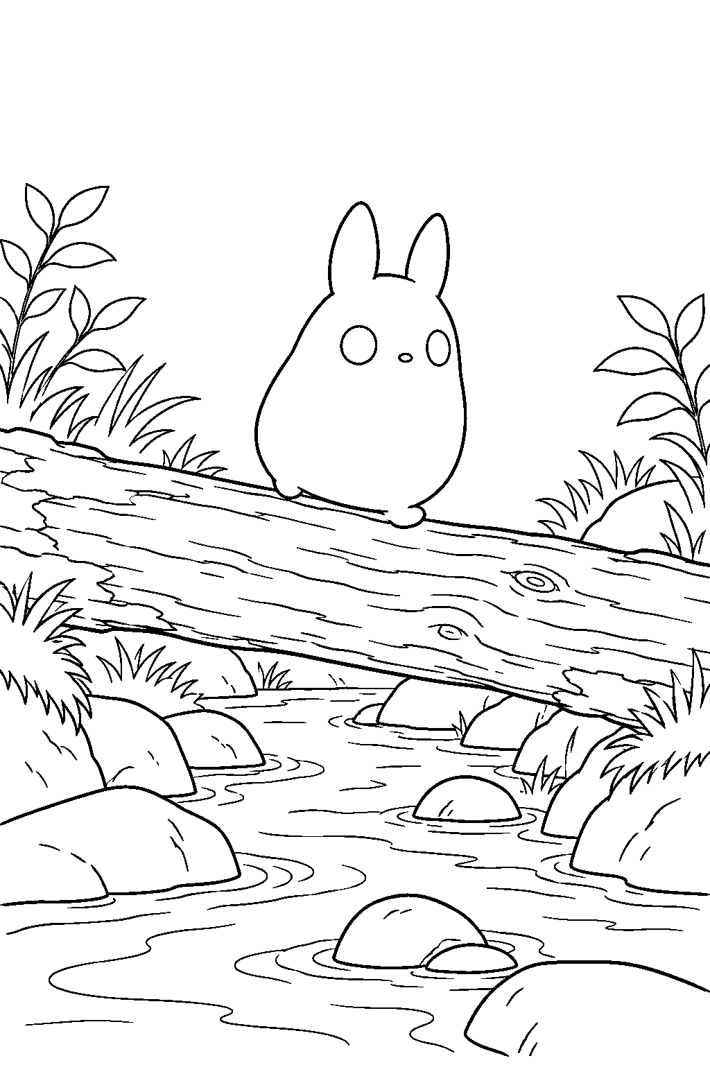chibi totoro crossing a fallen log over a shallow stream line art
