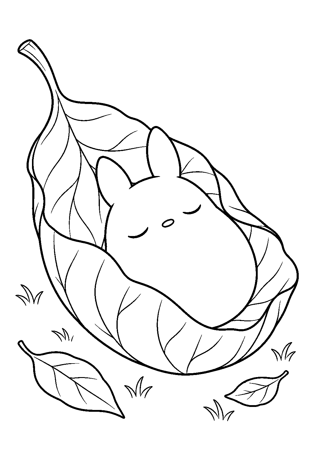 chibi totoro sleeping inside a curled fallen leaf line art