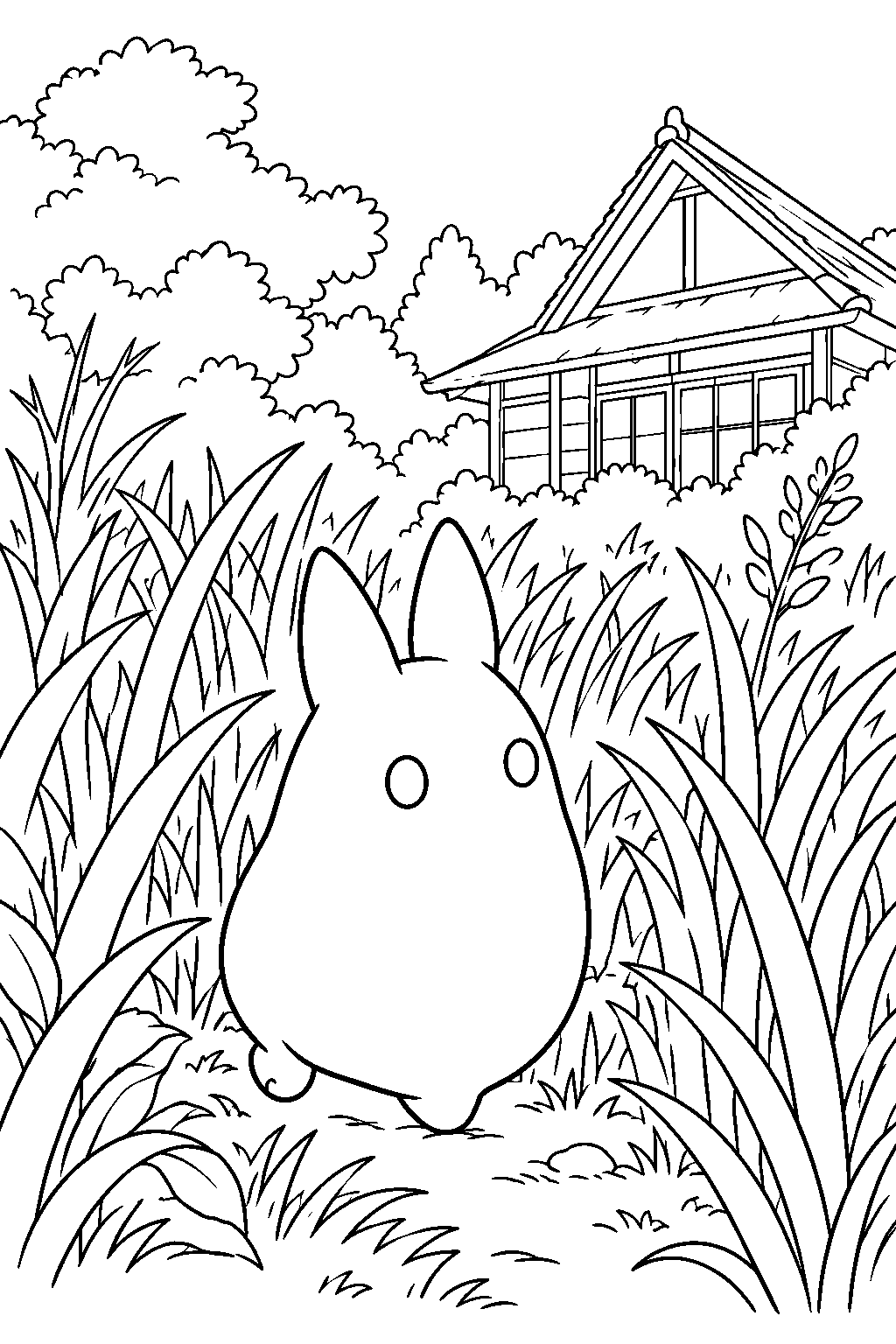 chibi totoro walking through tall grass outside mei s house line art