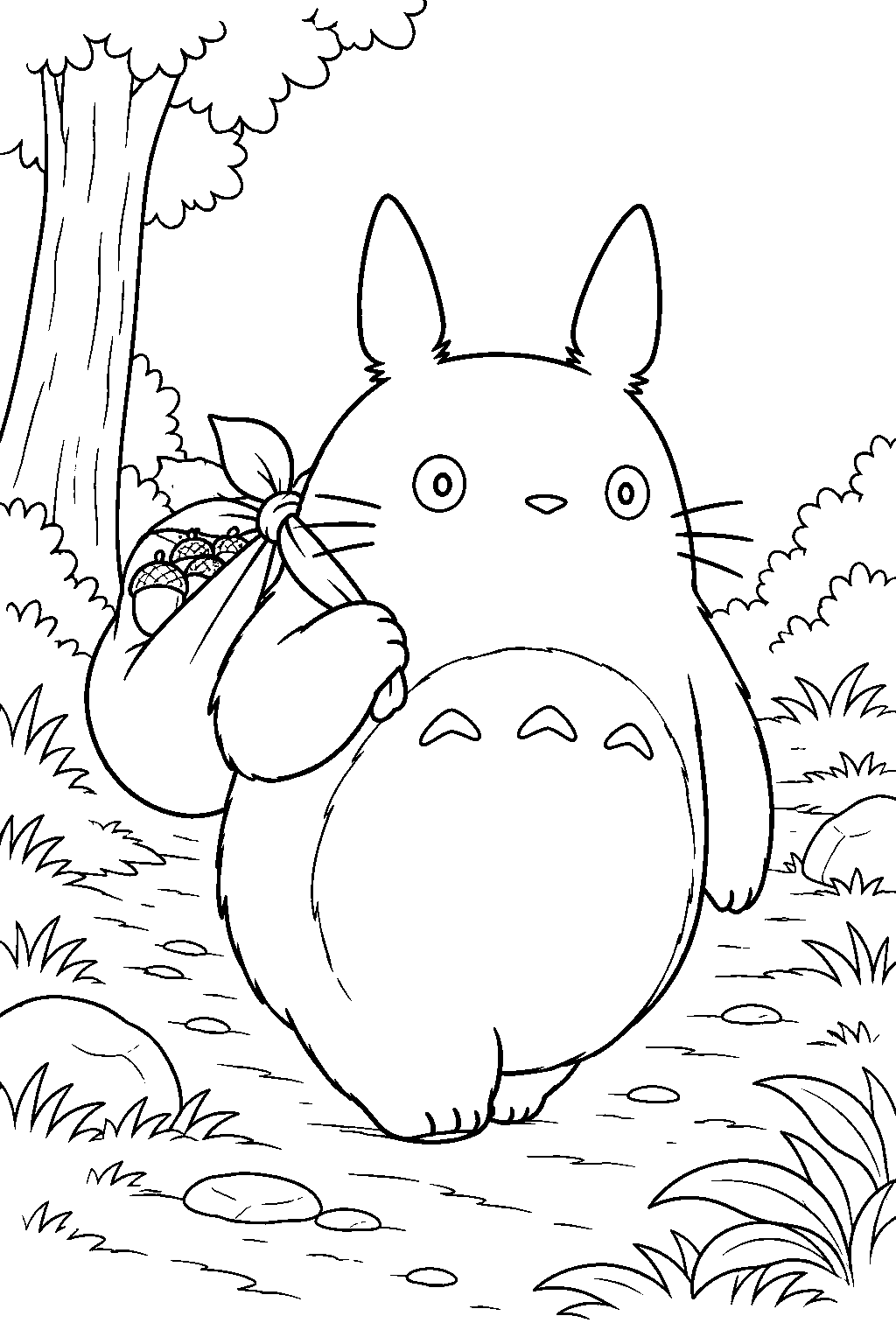 chu totoro carrying a bag of acorns along a woodland trail line art