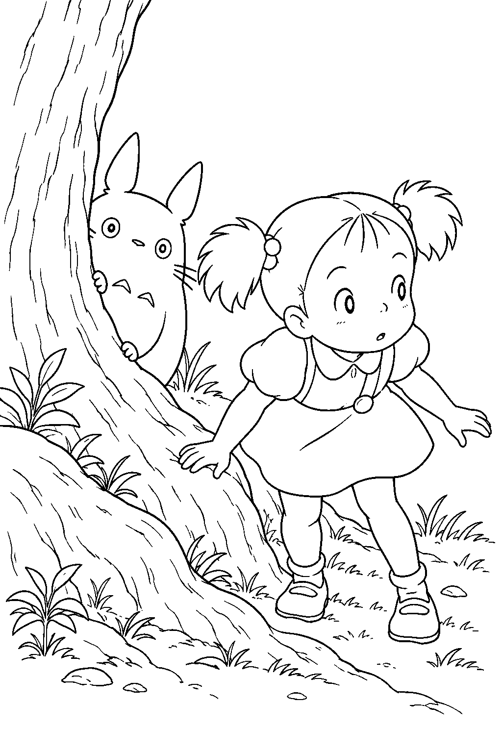 chu totoro hiding behind a tree root while mei searches for him line art
