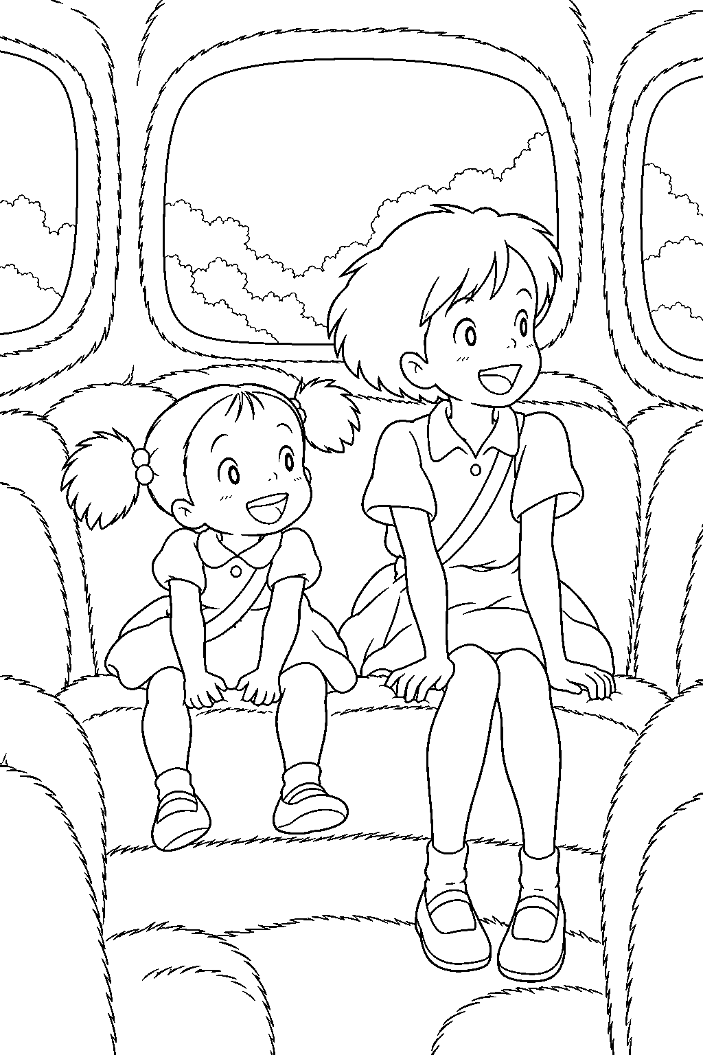 mei and satsuki from my neighbor totoro riding inside catbus toward the hospital line art