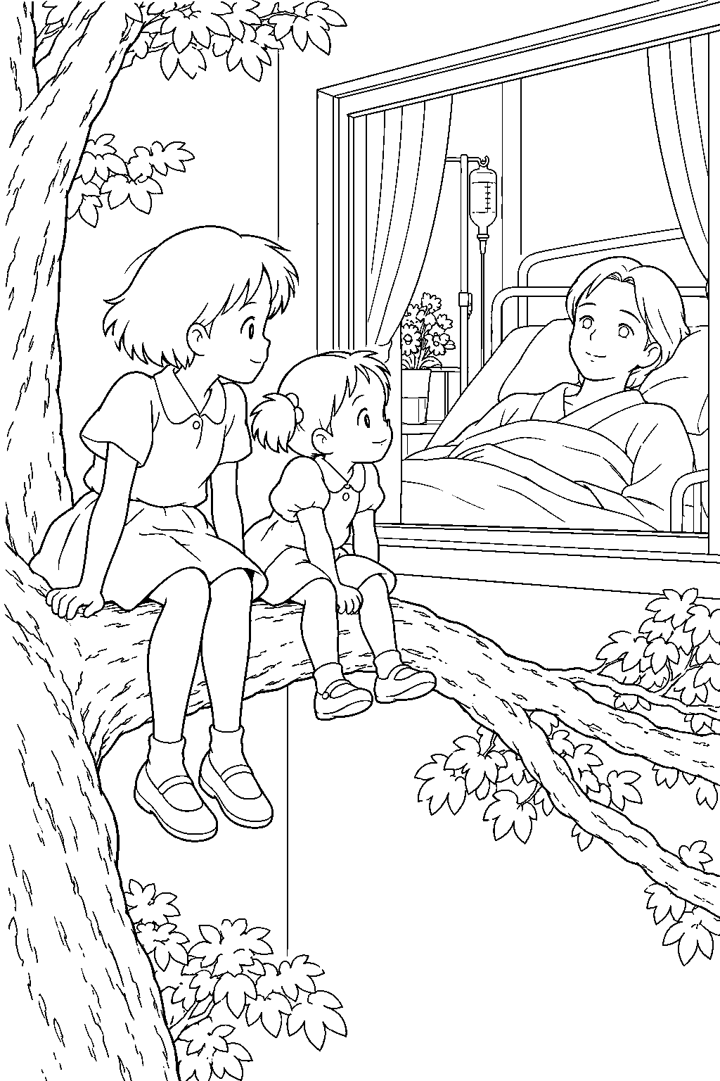 mei and satsuki from my neighbor totoro watching their mother from a hospital garden tree line art