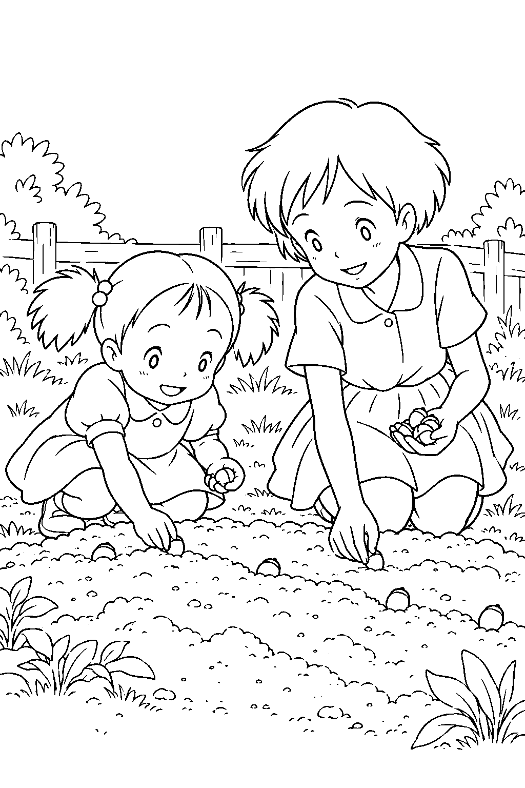 mei and satsuki planting totoro s acorns in their backyard garden line art