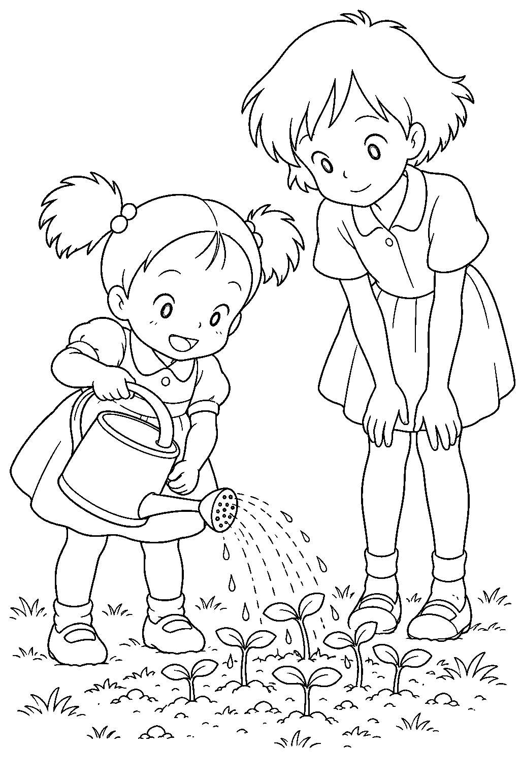 mei and satsuki watering the sprouts grown from totoro s seeds line art