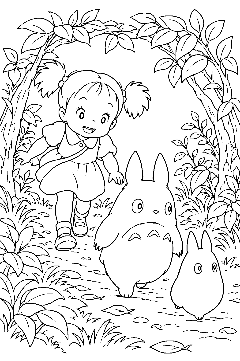 mei following chu totoro and chibi totoro through a leafy forest tunnel line art
