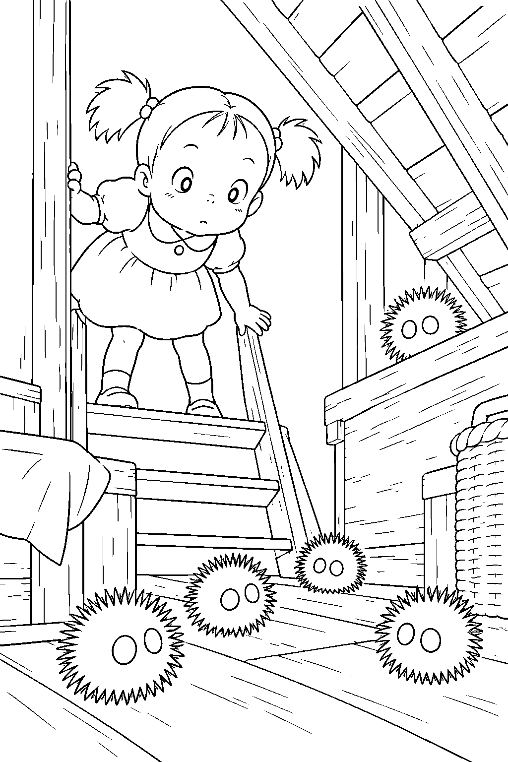mei from my neighbor totoro discovering soot sprites in the farmhouse attic line art