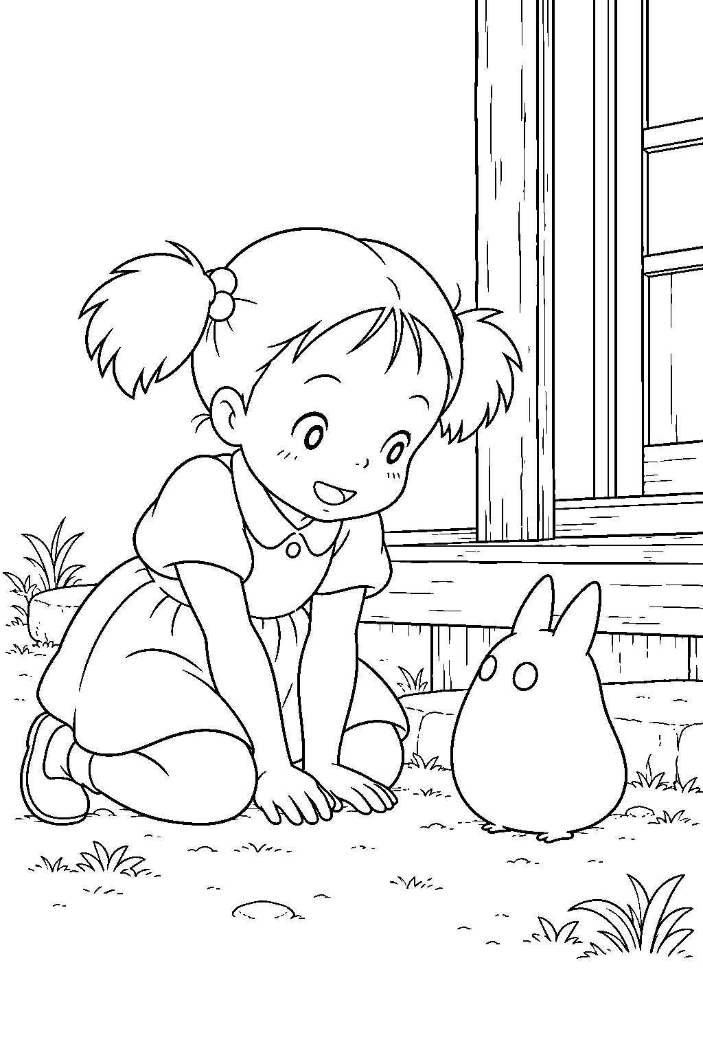 mei kneeling to greet chibi totoro beside the farmhouse porch line art