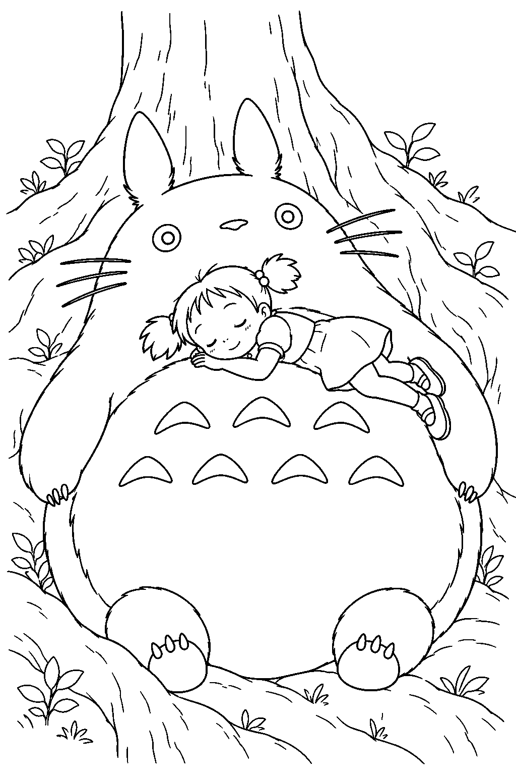 mei sleeping on totoro s belly among the camphor tree roots line art