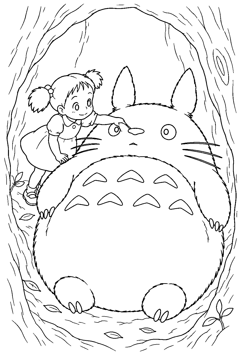 mei touching totoro s nose inside the hollow camphor tree line art