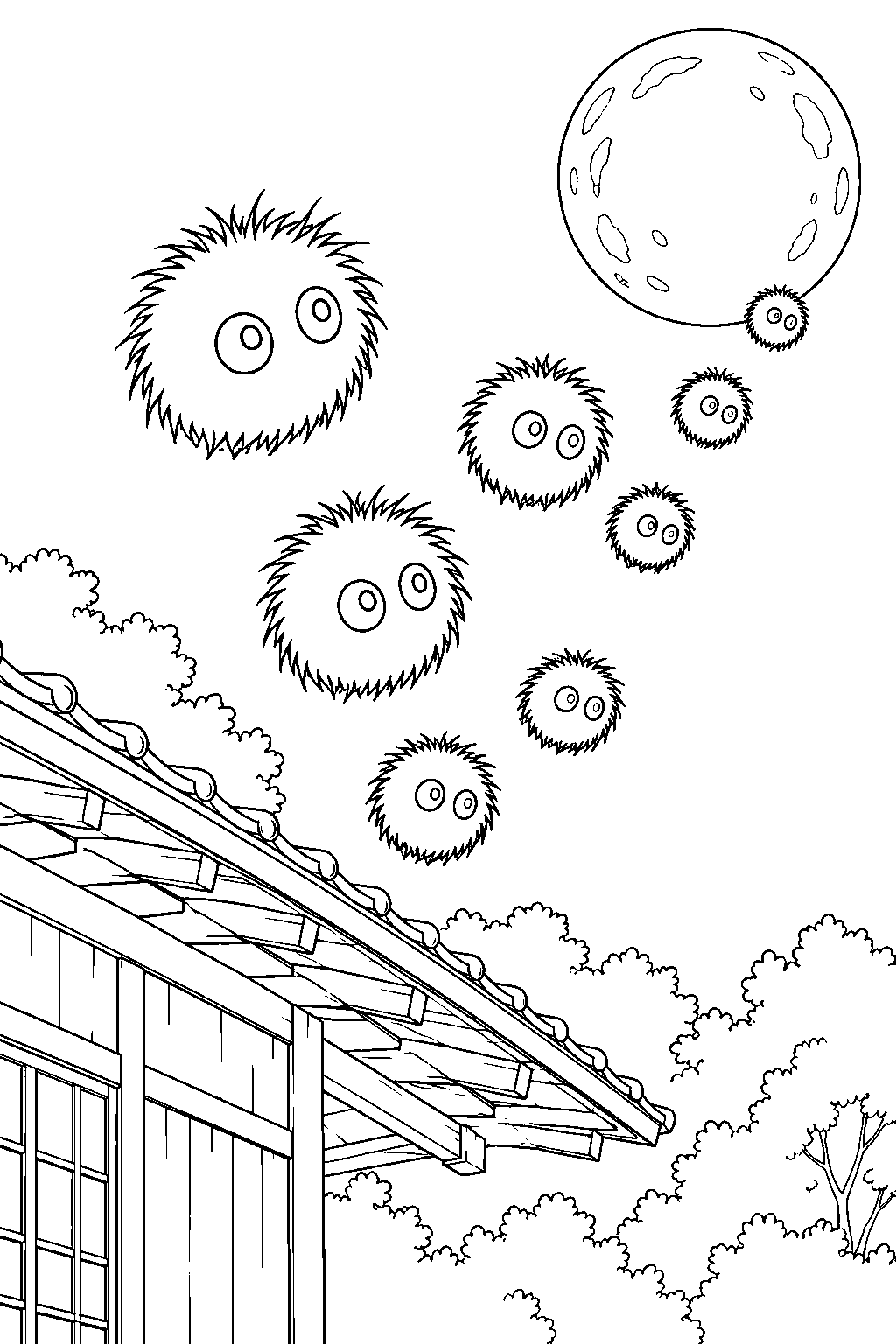 my neighbor totoro soot sprites floating away from the farmhouse under the moon line art