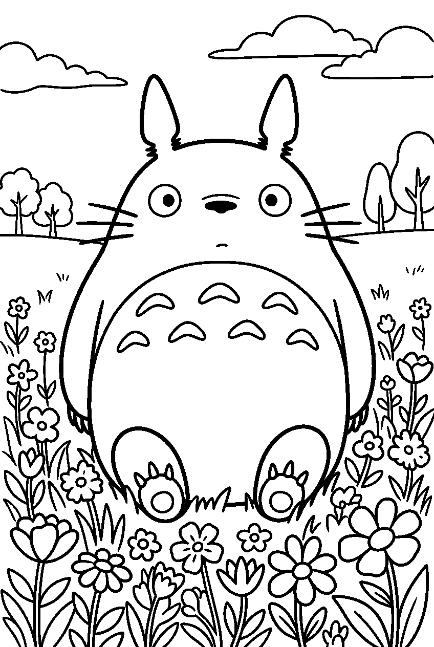 totoro among wildflowers line art
