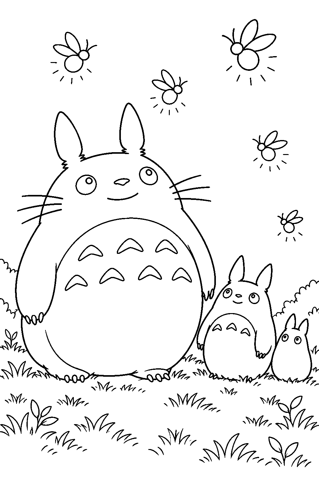 totoro and the small totoros watching fireflies above a grassy clearing line art