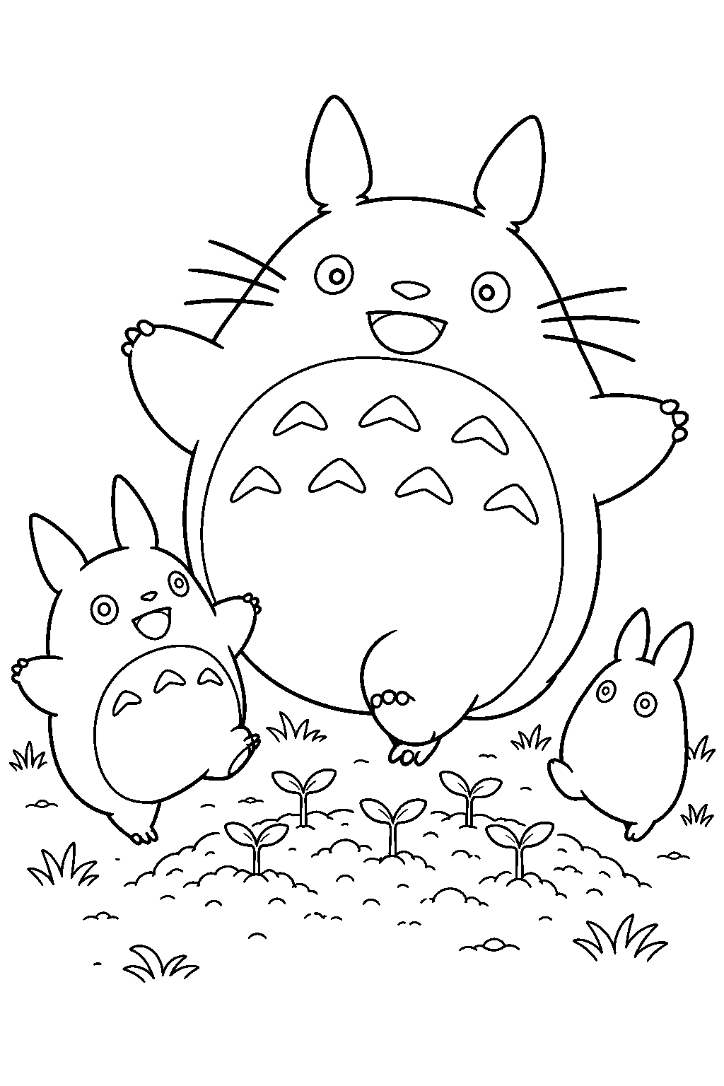 totoro and the two small totoros dancing around newly planted seeds line art