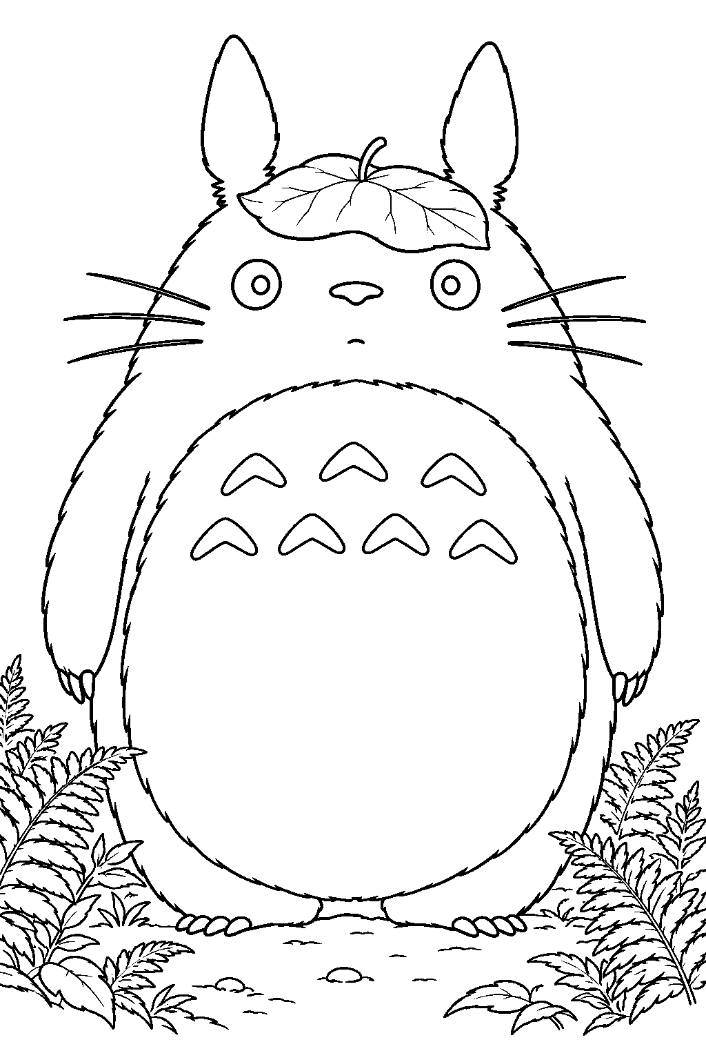 totoro balancing a broad leaf on his head among forest ferns line art